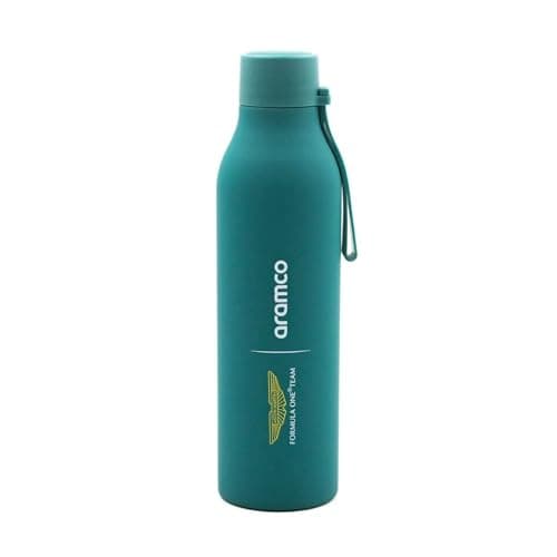 Image of Aston Martin Team Logo water bottle, 2024 design, featuring Team and Sponsor logos on a steel bottle in Team colours, 500 ml capacity, with a loop strap for carrying, Official Merchandise