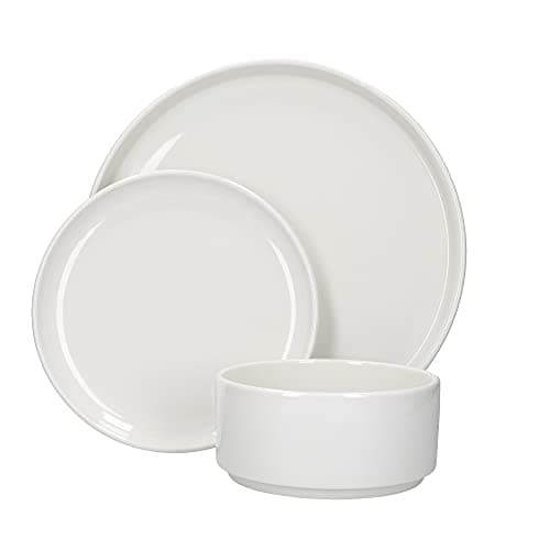 Image of Mikasa Camberlie White Dinner Set, Microwave and Dishwasher Safe, Porcelain Plates and Bowls, 12pc Set for 4