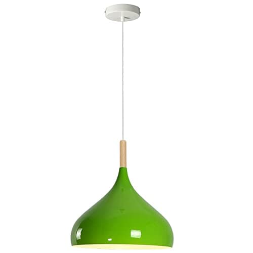 Image of LEDSone Modern Hanging Pendant Light Fitting, Industrial Loft Ceiling Adjustable Lamp Retro Metal Large Light Shade, E27 Base 1m Pendant with Wood Part, Living Room, Kithcen Island, Bedroom (Green)