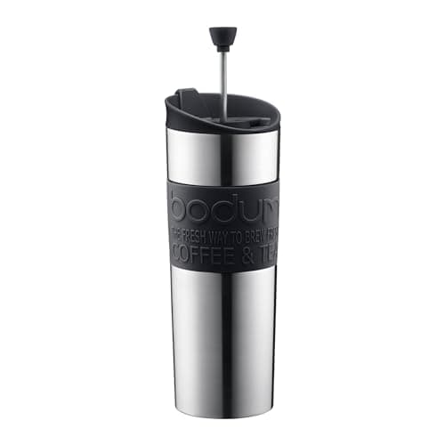 Image of BODUM Insulated Stainless-Steel Travel French Press Coffee And Tea Mug, 0.45-Liter, 15-Ounce, Black