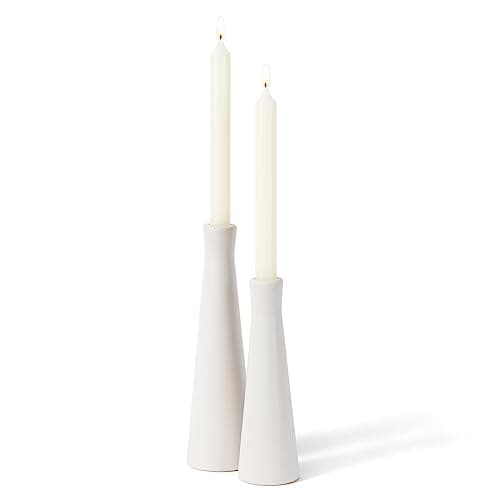 Image of E-ROOM TREND Ceramic Candle Holders | Candle Stick Pillar S&L Set of 2 Decorative Candlestick Holders | for Home Decor Dinning Living Room Wedding Party Aromatherapy Votive (CH7080W) | Matte White