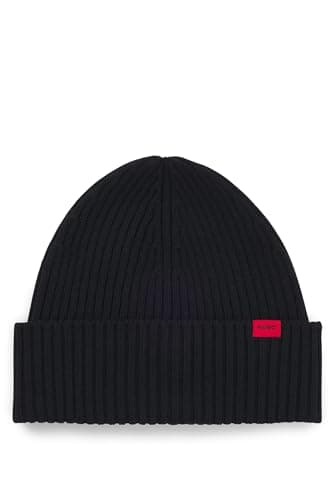 Image of HUGO Mens Xola Virgin-Wool Beanie hat with Logo Label Black