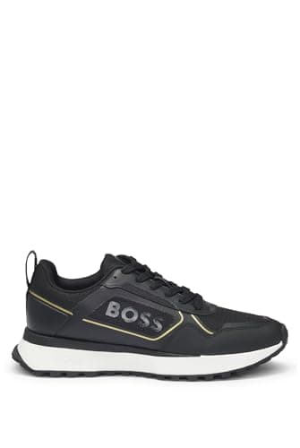 Image of BOSS Mens Jonah Runn Mixed-Material Trainers with Large Side-Panel Logo Size 7 Black