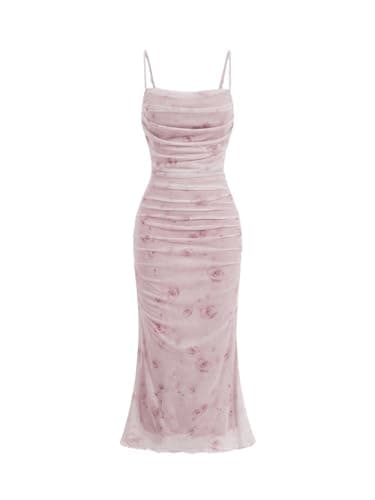 Image of GORGLITTER Women's Summer Floral Ruched Bodycon Midi Dress Sleeveless Mesh Long Cami Cute Dresses Light Pink XS