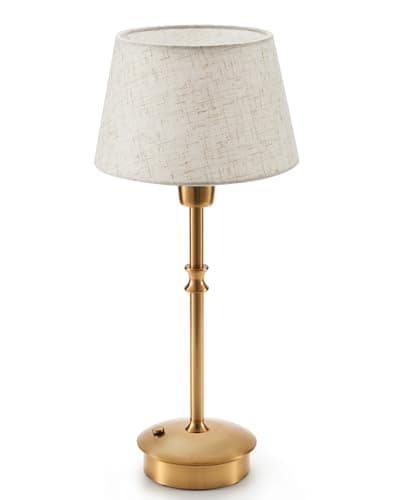 Image of EGOBASIC Cordless Table Lamp Rechargeable, Small Portable Battery Operated Lamp with Dimmer, Touch Dimmable Lamp for Living Room, Bedroom, Dining, Outdoor, Restaurant, Linen Fabric, Antique Brass