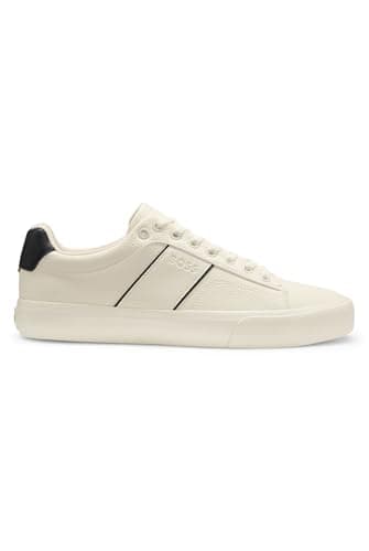 Image of BOSS Mens Aiden Tenn Faux-Leather Trainers with Grained and Plain Textures Size 12 Natural