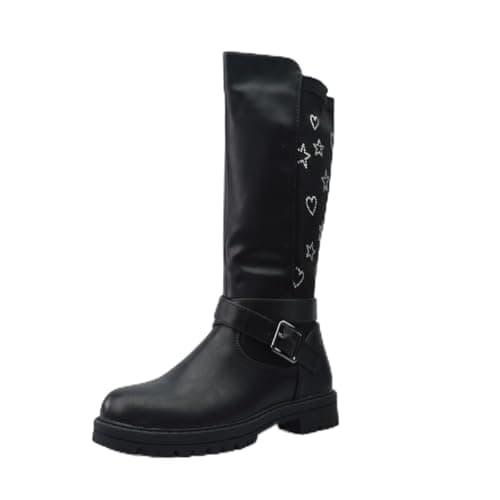 Image of Girls Winter Knee High Boots, Casual Walking Shoes with Decorative Stars and Hearts, Black (Black, One Size, UK Footwear Size System, Big Kid, Numeric, Medium, 2.5)