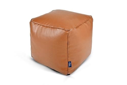 Image of Littens Tan Brown Soft Faux Leather Square Cube Footstool Ottoman Pouffe Bean Bag, Living Room Decorative Seat, Piped Detailing (41cm x 41cm x 41cm)