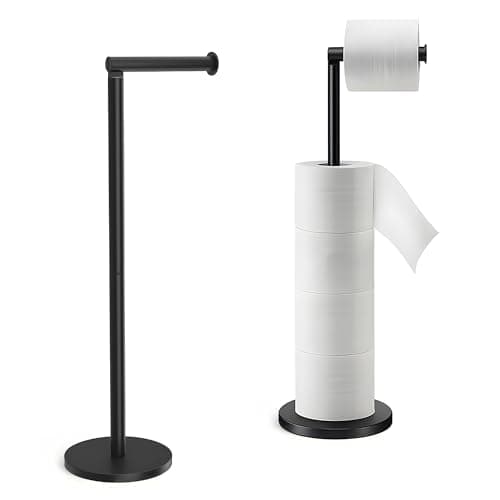 Image of FB FunkyBuys Black Freestanding Toilet Roll Holder – Durable Stainless Steel, 2-in-1 Toilet Paper Holder, Holds 1 Roll & Stores 3, Anti-Slip Base for Stability (Black)