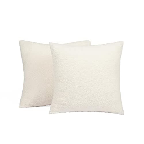 Image of Highams 2 x Boucle Teddy Fleece Cushion Covers Fluffy Warm Soft Home Sofa Decorative Chair Sofa Scatter Couch Throw Pillow, 45 x 45cm, Cream
