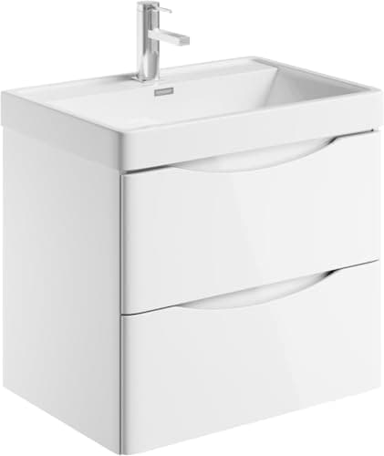Image of Go Bathrooms Eaton 600mm Wall Hung White Vanity Unit Includes White Ceramic Basin Gloss Finish Bathroom Furniture Storage Sink Unit