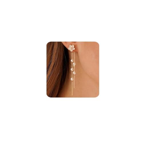 Image of MUMREUES Rose Gold Earrings for Women Trendy 14k Gold Rose Plated Flower Dangly Earrings Cubic Zirconia Long Pearl Drop Earrings Hypoallergenic Tassel Dangle Earrings Jewelry Gifts for Her
