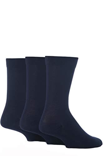 Image of SockShop Men's Comfort Cuff Socks - Striped and Plain Soft Breathable & Cooling Bamboo Material Multipack of 3 Pairs Navy 7-11