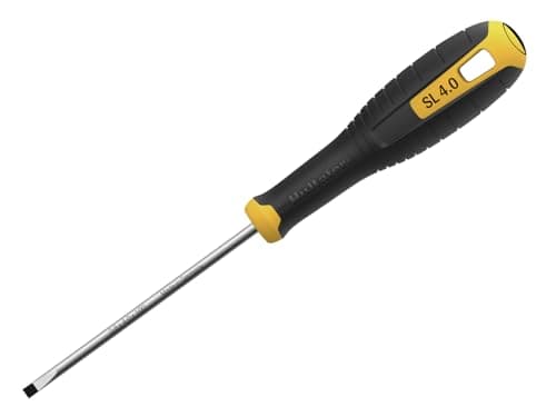 Image of Hultafors Slotted Screwdriver 4.0 x 100mm, Made for Professional use, Developed Together with Craftsmen. Has a Hole in the Middle for Hanging and securing.