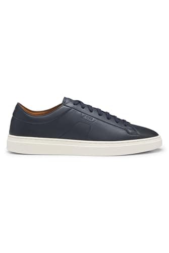 Image of BOSS Mens Kieran Tenn Low-top Trainers in Leather with Embossed Logo Size 8 Dark Blue