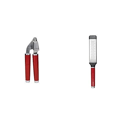 Image of KitchenAid Garlic Press, Stainless Steel Crusher Dishwasher Safe Gadget – Empire Red + KitchenAid Etched Cheese Grater, Stainless Steel Two-Way Paddle Fine Grater – Empire Red