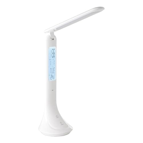Image of Eglo LED Table lamp Coluccia, Bedside lamp with Alarm Clock and Thermometer, Touch dimmable Desk lamp Made of White Plastic, Office Lighting Neutral White