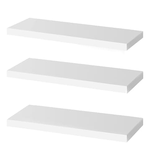 Image of OUDIE White Floating Shelves - Wall Shelf Pack of 3, Modern Shelves for Bathroom, Bedroom, Office, Living Room Display, Kitchen Storage