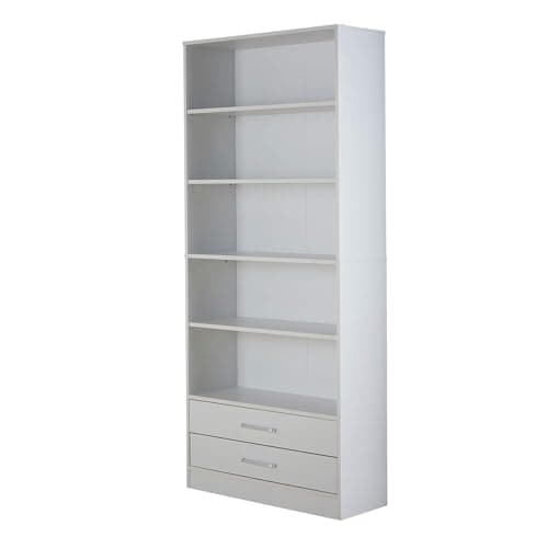 Image of Home Source Storage Bookcase, 5 Tier Open Adjustable Shelving, Display Storage Cabinet, 2 Drawer, White