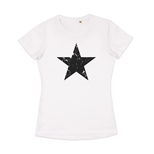 Image of Black Red Star Print T Shirt – Distressed Retro Y2K Design Printed Men’s Women’s Tee (Size M (UK 10-12), Women's White Tee)
