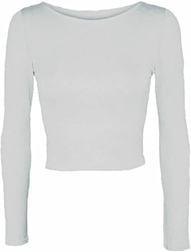 Image of Womens Crop Long Sleeve T Shirt Ladies Short Plain Basic Round Neck Shirts Top 8-14 (White UK 8-10)