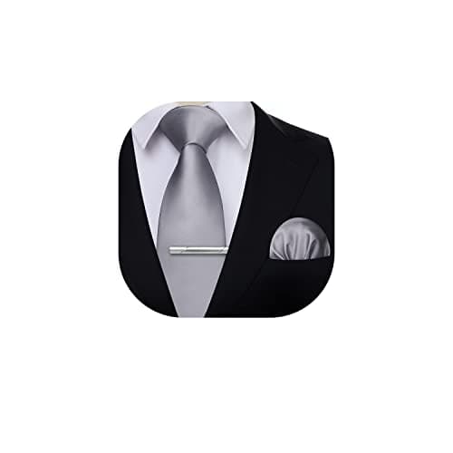 Image of HISDERN Mens Grey Tie and Pocket Square with Tie Clip Set Solid Color Formal Classic Elegant Gents Necktie Sets for Wedding Business Party Banquet Ceremony