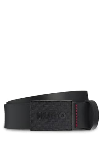 Image of HUGO Mens Gethon Sz35 Italian-leather belt with logo plaque buckle