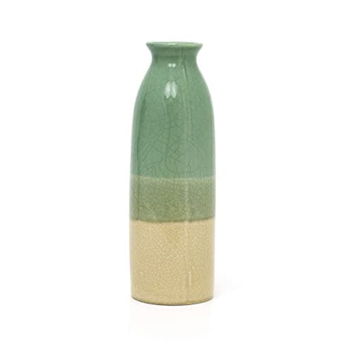Image of Retro Style Daisy Green Crackled Glaze Ceramic vase | Ombre Glaze Cylinder Flower vase for Pampas Grass | Tall Stem Decorative