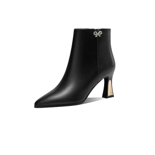 Image of TinaCus Women's Pointed Toe Genuine Leather Handmade Bowknot Spool Heels Zip Up Cute Ankle Boots, Black, 5 UK