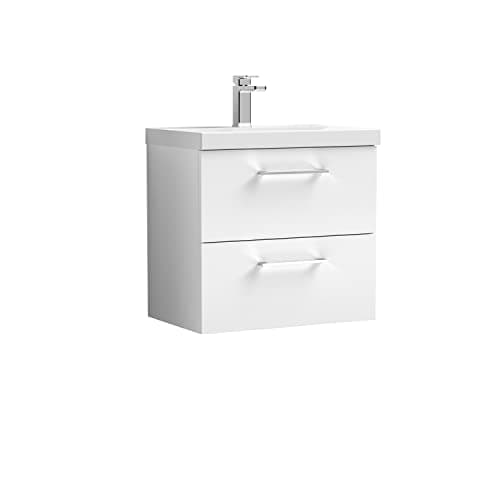 Image of nuie ARN124D Arno Modern Bathroom Wall Hung 2 Drawer Vanity Unit with Thin-Edge Ceramic Basin, 600mm, Gloss White