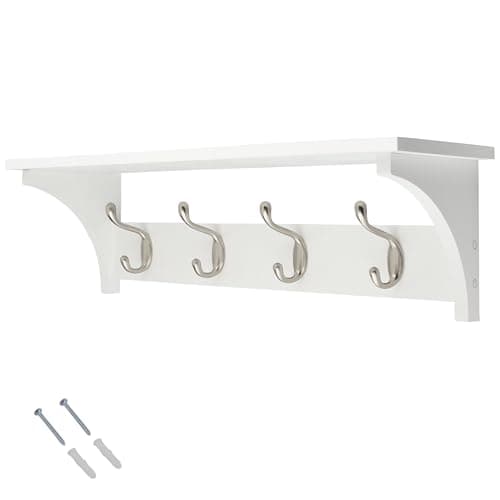 Image of Keypak 4 Hook Wall Shelf Coat Rack Combo with 4 Satin Nickel Hooks White Rail 56cm - Wall Mounted Coat Rack & Storage Shelf for Hallway, Bedroom, Bathroom