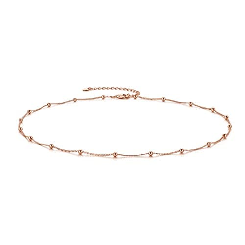 Image of CERSLIMO Sterling Silver Necklace Rose Gold Plated Ball Bead Choker Necklace 16'' Chain for Women Girls Ladies Girlfriend Friend Men Birthday Jewellry Gift