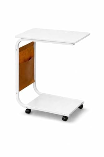 Image of HitlineUK C Shaped Side Table with Wheels for Living Room, Mobile Sofa Side End Table, Portable Snack Coffee Table, Bedside Table for Bedroom White