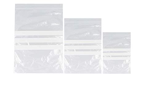 Image of 300 Grip Seal Bags - Write On Panels in Mixed Sizes - 100 Each of 1.5" x 2.5" 2.25" x 3" 3.5" x 4.5" | Reusable Strong Zip Lock | Small Clear Resealable Plastic Bags | Polythene Packaging | by Sabco