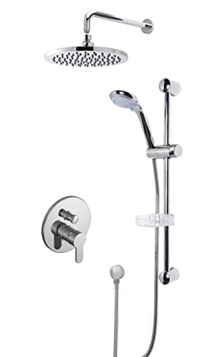 Image of nuie SBR16MV2 Shower Bundle ǀ Modern Bathroom Round Concealed Manual Arvan Shower Valve with Diverter, Curved Slide Rail Kit, Outlet Elbow, Round Wall Mounted Shower Arm and Fixed Shower Head, Chrome