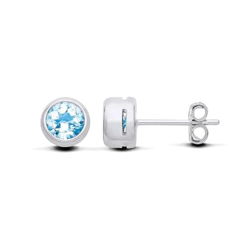 Image of Old English Jewellers Sterling Silver 925 Natural Blue Topaz Round Solitaire Stud Earrings - 6.5mm Studs for Women Ladies Girls - Everyday Classic Jewellery - December Birthstone
