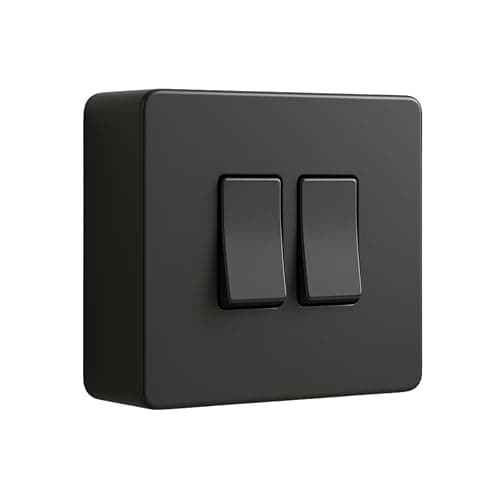 Image of SHPELEC® Matt Black Screwless 2 Gang 10A 2 Way Light Switch with 25mm Surface Pattress Box – Modern Flat Plate, Slim Design, Easy Fit – UK Standard