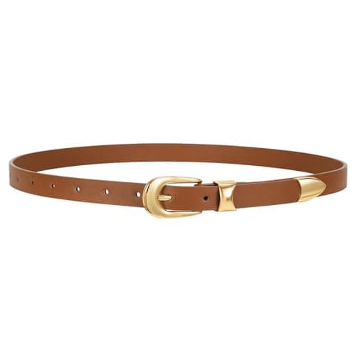 Image of WERFORU Women Leather Belt Fashion Ladies Skinny Belt Gold Buckle Thin Waist Belt for Jeans Dress Brown