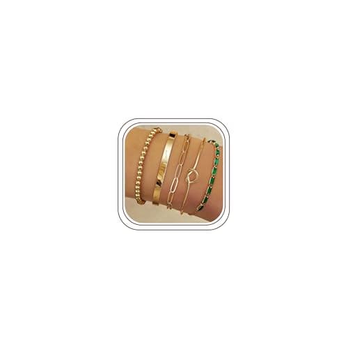 Image of LOLIAS 5 Pcs Gold Bracelets for Women 14k Real Gold Bangle Cuff Bracelet Set Hypoallergenic Gold Beaded Paperclip CZ Tennis Chain Bracelet Stacking Bracelets Gold Jewellery for Women