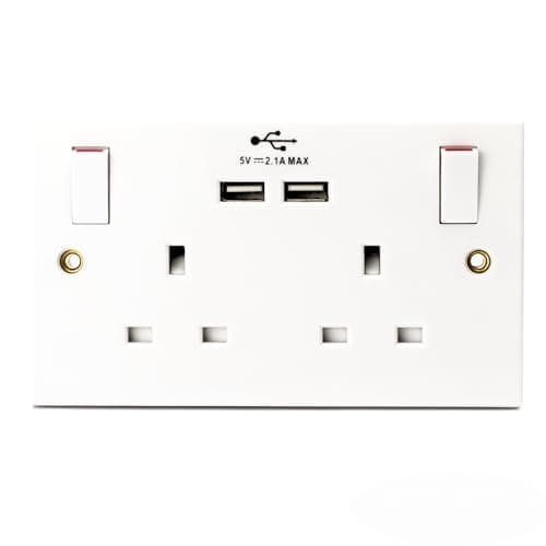 Image of STATUS Plug Socket UK | Double Socket with Double USB Plug | White Plastic | 13A Double Switched Wall Socket | S2G13A2USBSWS4