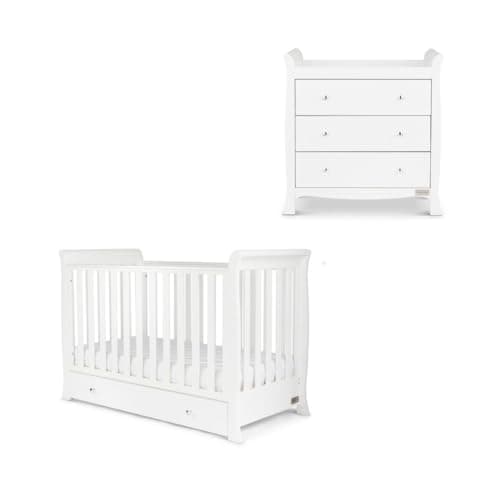 Image of Ickle Bubba Snowdon Mini 2pc Nursery Furniture Set with Fibre Mattress – 4-in-1 Sleigh Cot Bed (Fits 120x60cm Mattress) with Under Drawer Storage & Changing Unit