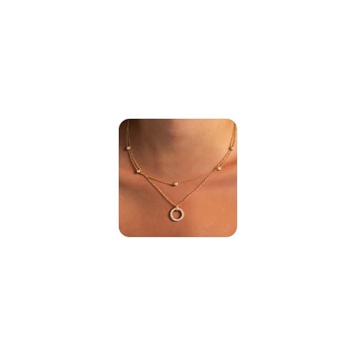 Image of ALEXCRAFT Gold Necklace for Women Lady, 14K Real Goldplated Double Layer Necklaces Stackable 2 Layered Necklace Chains Shiny Bling Adjustable Gold with Zirconia Ball Diamond Pendant
