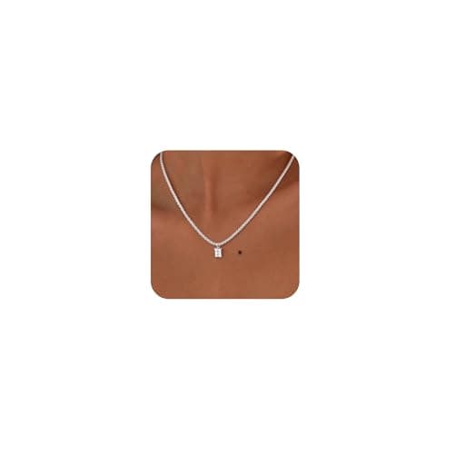 Image of Silver Necklaces for Women Trendy 14K Silver Plated Cubic Zirconia Sparkling Necklace Square Diamond Pendant CZ Charm Shiny Rope Choker Sparkling Necklaces Fashion Jewellery Gifts for Women/Wife/Her