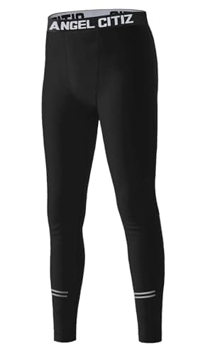 Image of ANGEL CITIZ Boys' Compression Base Layer Youth Sports Quick Dry Pants Workout Running Leggings Thermal Tights Black