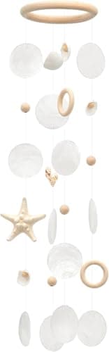 Image of SKOOLOVE Sea Shells Wind Chimes - Handcrafted Aqua Green Capiz Shells Windchime with Starfish, Coastal Style Decor for Indoor/Outdoors, Garden Decor, Great Gift for Women, Wind Chimes Lovers and More