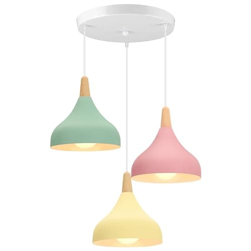 Image of iDEGU 3 Retro E27 Pendant Light Modern Style Drop Hat Ceiling Light Metal Wood Ceiling Lamp for Dining Room Living Room Kitchen Diameter 20 cm (Green+Pink+Yellow, Bar)