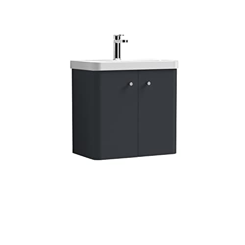 Image of nuie COR1405 Core Modern Bathroom Wall Hung 2 Door Vanity Basin Unit with Ceramic Basin, 600mm, Soft Black