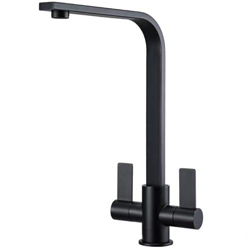 Image of Hapilife Kitchen Tap Black Matte, 304 Stainless Steel Dual Lever Kitchen Sink Mixer Taps L-Shape with 360° Swivel High Spout, Modern Monobloc Faucets Easy DIY Install, UK Standard G1/2 Fittings