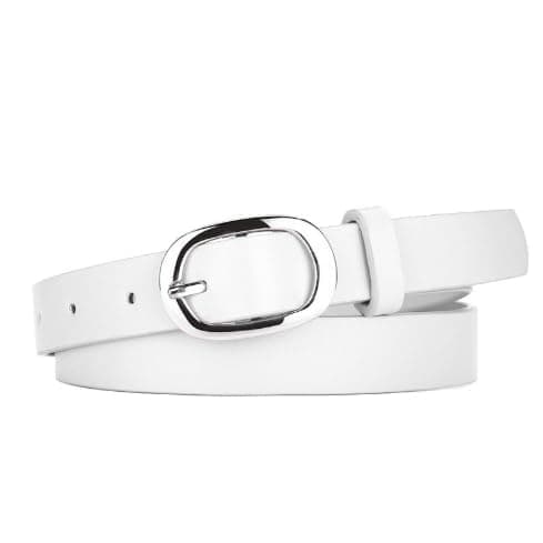 Image of JILLICK Sleek White Leather Belt with Oval Buckle - Adjustable Minimalist Belt for Women, Perfect for Jeans, Dresses and High-Waist Outfits, Thin Skinny Waist Strap for Ladies Daily Fashion Wear