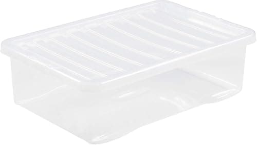 Image of Wham Crystal Plastic Storage Boxes With Lids Home Office Stackable Nestable Container Box, 32L Easy fit Underbed Protective Storage Box, 60 x 40 x 18 cm - Tint Clear (Set of 4)